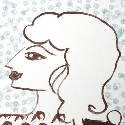 Brown line-drawing of a head silhouette with curly hair on a pale blue floral backdrop.