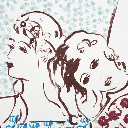 Brown line-art illustration of two women with flowing hair on a pale blue bubble-pattern background.