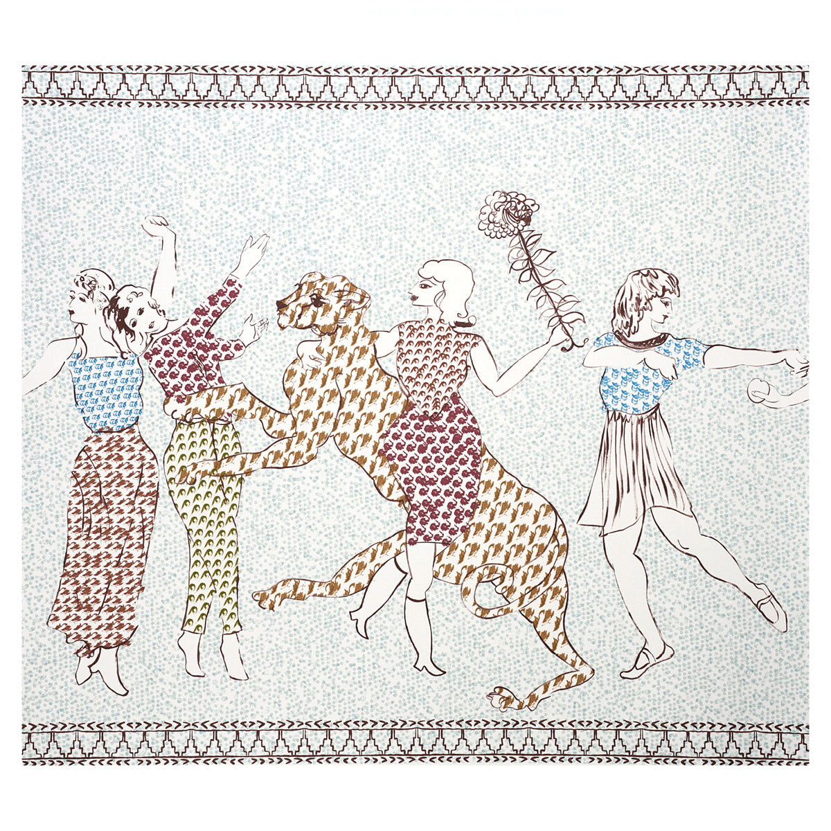 Tapestry-style panel set: five dancers in blue, red and yellow outfits dance with an orange tiger, and an ornate border.