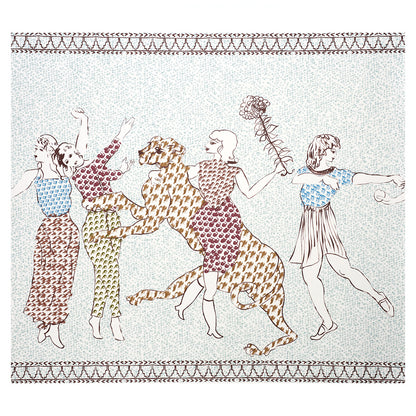 Tapestry-style panel set: five dancers in blue, red and yellow outfits dance with an orange tiger, and an ornate border.