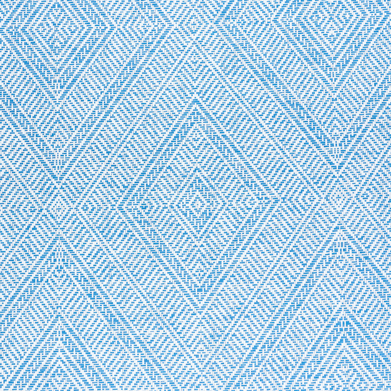 Blue and light-blue geometric diamond pattern on a woven wallcovering with chevron motif.