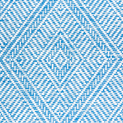 Blue and white woven wallcovering with a repeating diamond chevron pattern.