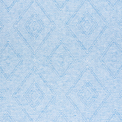 Light blue diamond geometric wallpaper with white stitch outlines; woven texture.