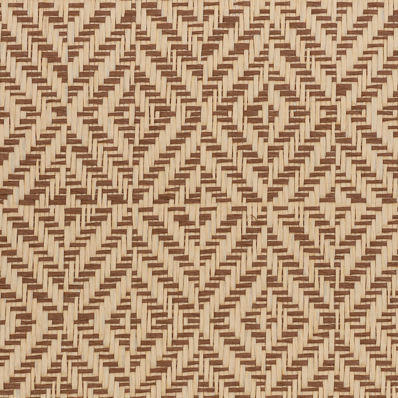Natural straw rattan weave with a beige & brown geometric diamond pattern, wallcovering.