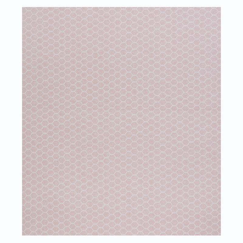 Soft blush woven wallcovering with a white honeycomb hexagon pattern and subtle textured weave.