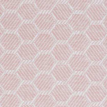 Soft pink and white geometric woven fabric with diamond motifs and diagonal hatch lines, suitable for upholstery.
