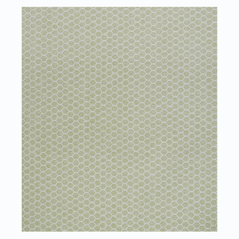 Off-white wallpaper with subtle gradient and sage green honeycomb border trim.