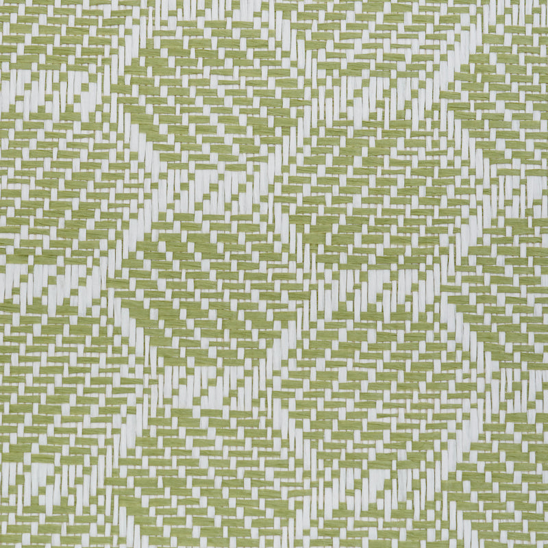 Green and white woven wallcovering with a chevron geometric pattern.