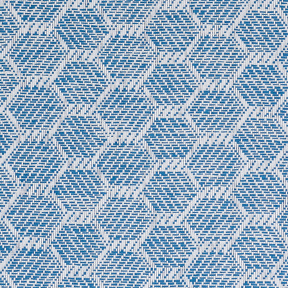 Blue & white geometric woven fabric with repeating diamond/hexagon pattern and diagonal striped texture.
