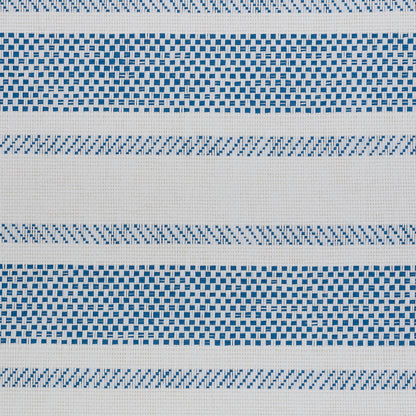 Blue and white woven wallcovering with checkerboard blocks and diagonal hatch stripes, creating a striped nautical pattern.