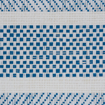 Blue and white woven wallcovering with a checkerboard stripe pattern.