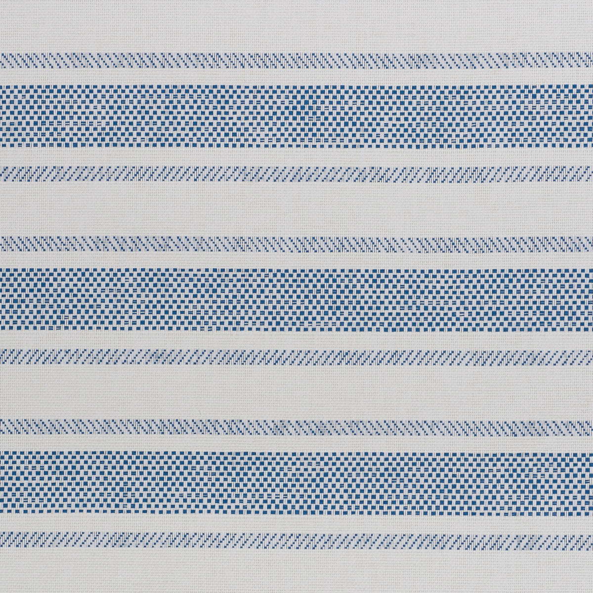 Gray striped woven wallcovering with horizontal blue dotted bands and thin blue lines.