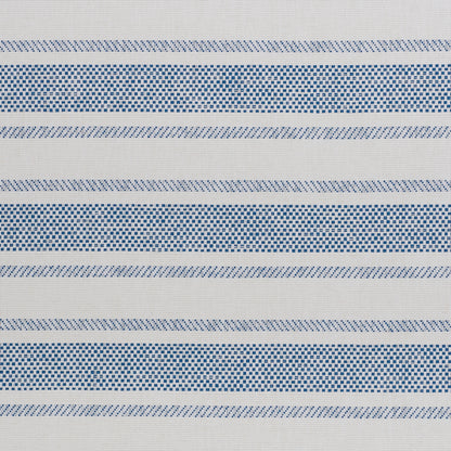Gray striped woven wallcovering with horizontal blue dotted bands and thin blue lines.