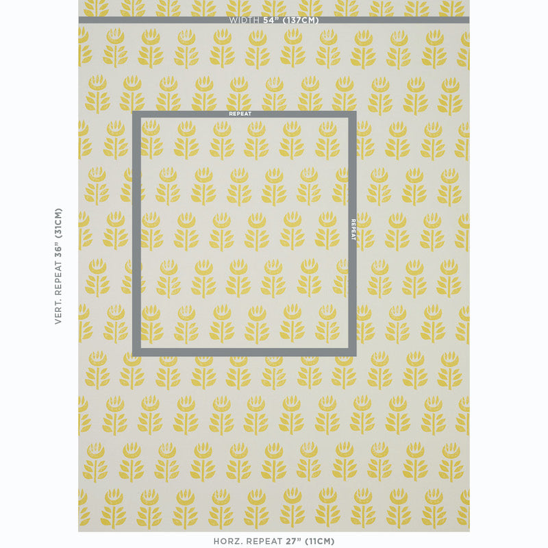 Wallpaper featuring a pale yellow background with a repeating gold wheat stalk pattern and a central grey framed square.
