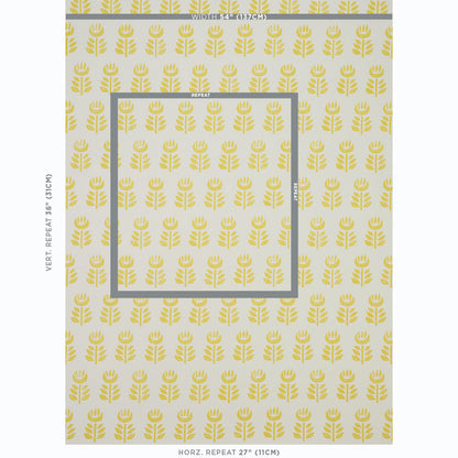 Wallpaper featuring a pale yellow background with a repeating gold wheat stalk pattern and a central grey framed square.
