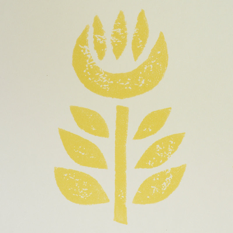 Yellow stylized tulip with a leafy stem and alternating leaves on a pale background