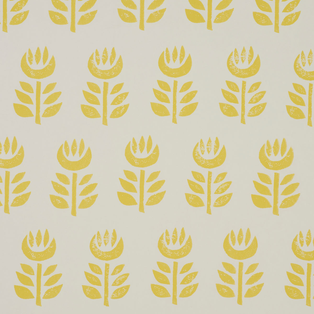 Yellow stylized tulip-like flowers with leaves in a repeating pattern on a pale cream background.