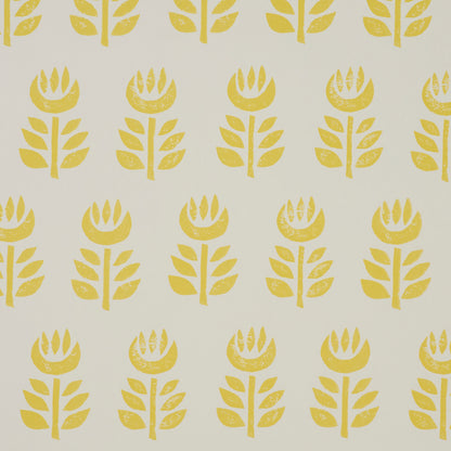 Yellow stylized tulip-like flowers with leaves in a repeating pattern on a pale cream background.