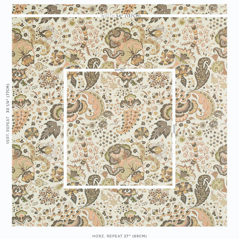 Earthy-toned cream paisley floral wallpaper with peach, brown and sage accents; classic tile repeat design.