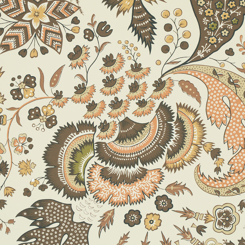 Earth-toned paisley floral pattern on cream fabric; browns, olive greens, peach accents; flowing leaves and petals.