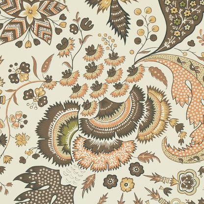 Earth-toned paisley floral pattern on cream fabric; browns, olive greens, peach accents; flowing leaves and petals.
