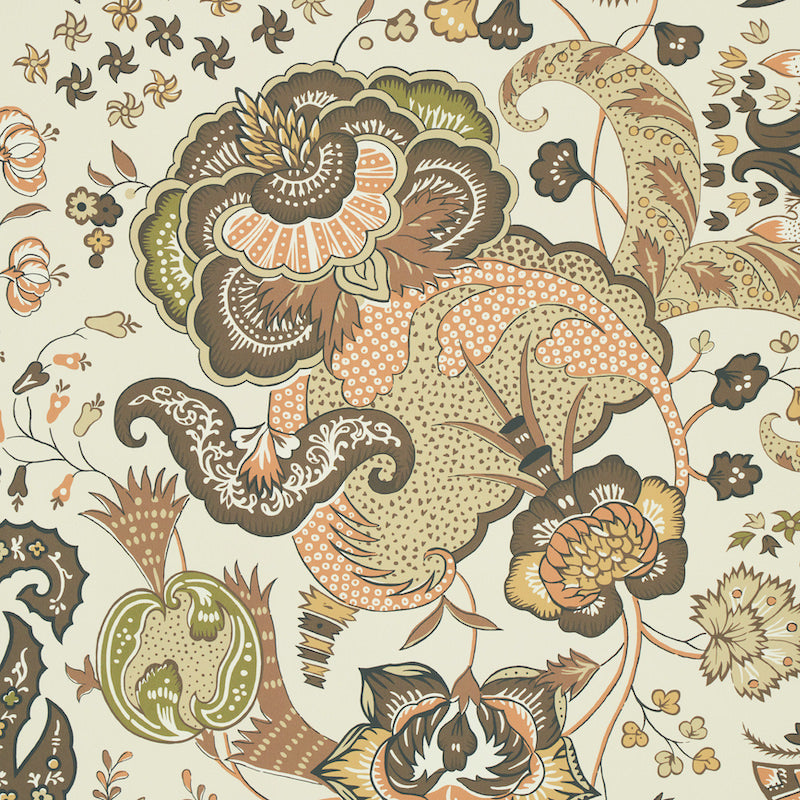 Intricate paisley floral textile print in beige, brown, olive and orange with leafy swirls.