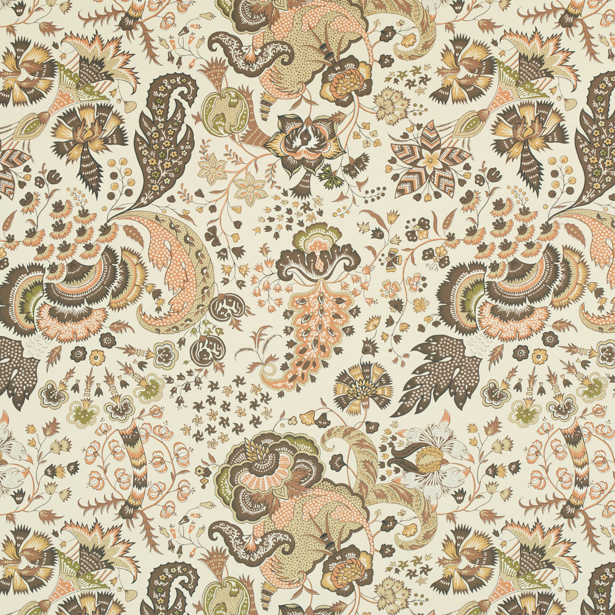 Cream paisley floral fabric with earthy browns, greens and peach; ornate vintage textile pattern.