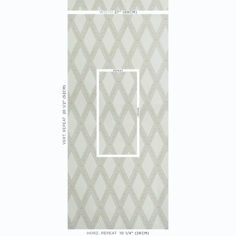 Beige diamond lattice wallpaper with subtle damask texture; vertical repeat 20.5", horizontal repeat 10.25", width 27