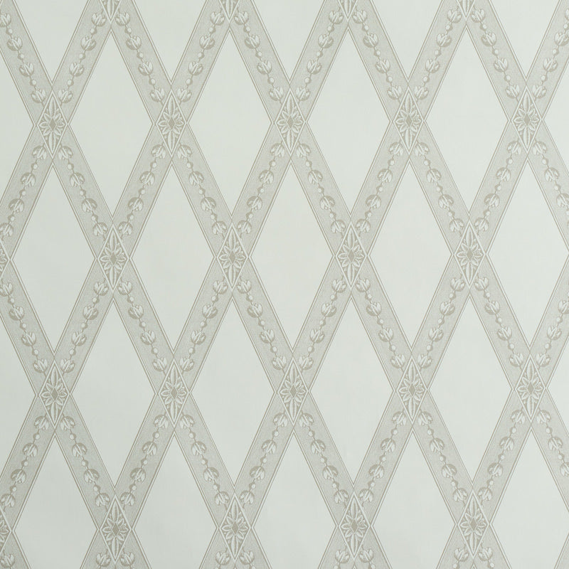 Light gray diamond lattice wallpaper with subtle floral motifs on an off-white background.