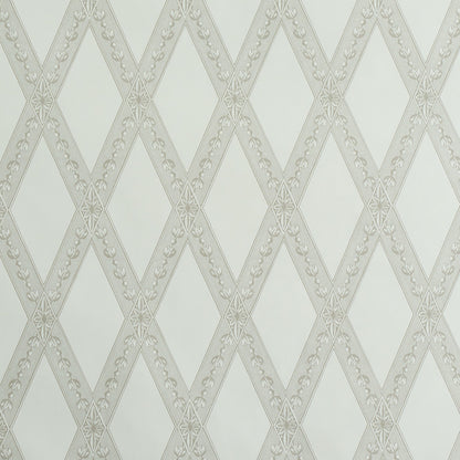 Light gray diamond lattice wallpaper with subtle floral motifs on an off-white background.