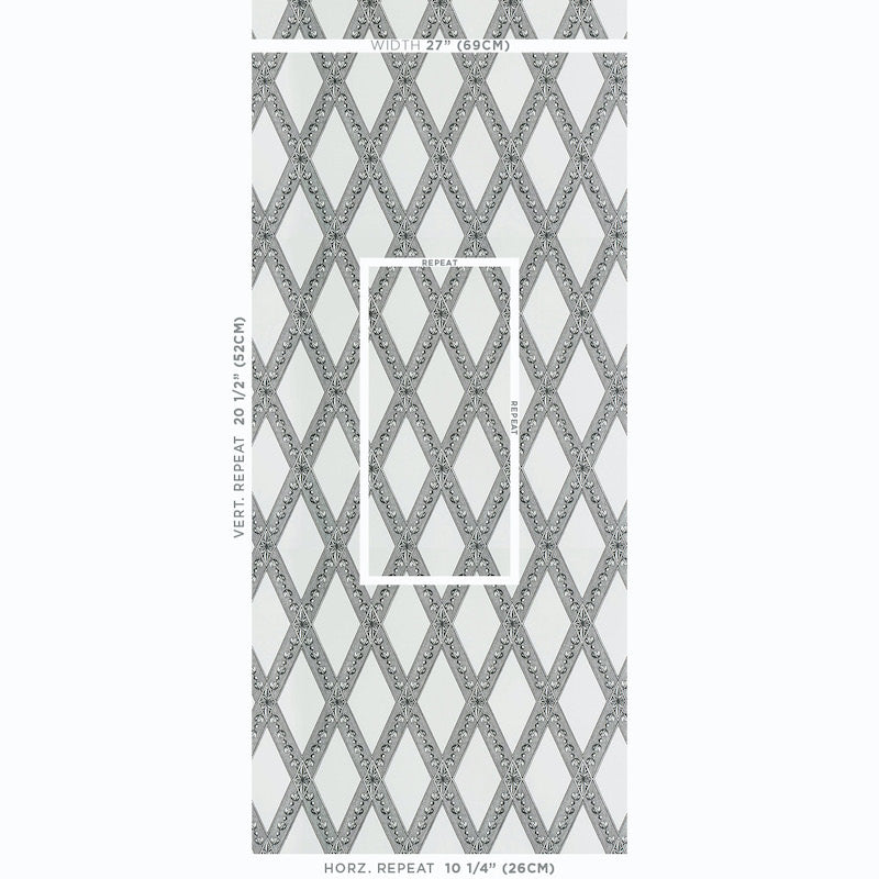 Gray diamond lattice wallpaper with ornate inner detailing on white background; trellis damask style.