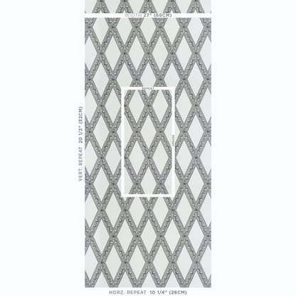 Gray diamond lattice wallpaper with ornate inner detailing on white background; trellis damask style.
