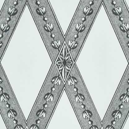Grey geometric wallpaper with interlocking diamonds, ribbon-like bands, beaded chain & central floral motif.