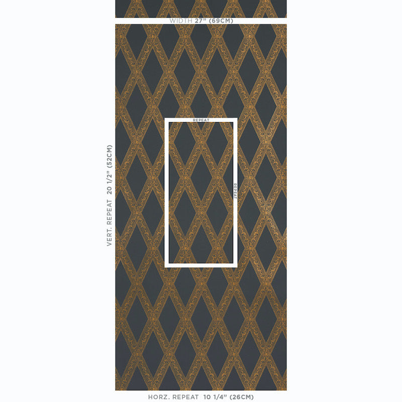 Dark slate wallpaper with ornate gold diamond lattice pattern and vertical repeat; white inset frame shows sample area.