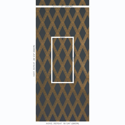 Dark slate wallpaper with ornate gold diamond lattice pattern and vertical repeat; white inset frame shows sample area.