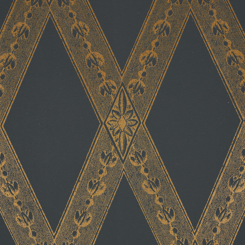 Dark navy background with gold metallic diamond lattice & floral accents; ornate decorative textile/wallpaper motif.