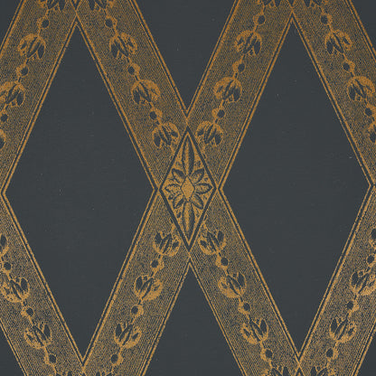 Dark navy background with gold metallic diamond lattice & floral accents; ornate decorative textile/wallpaper motif.