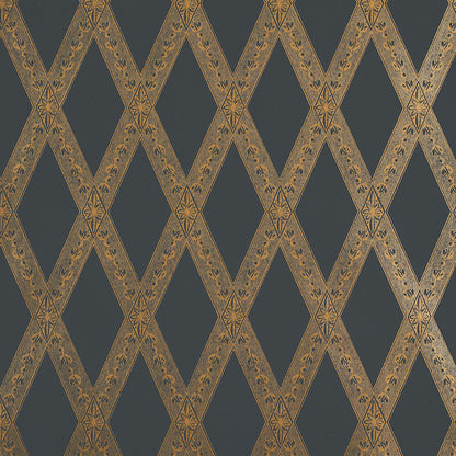Gold-on-black wallpaper with a diamond lattice pattern and small floral motifs.