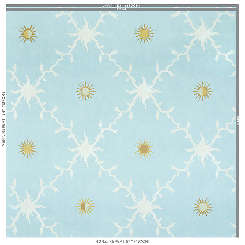 Light blue wallpaper with white jagged sunburst motifs and small yellow suns in a repeating pattern.