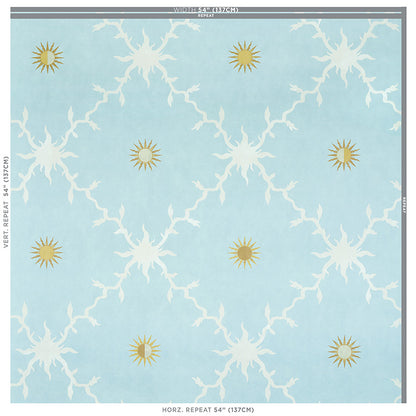 Light blue wallpaper with white jagged sunburst motifs and small yellow suns in a repeating pattern.