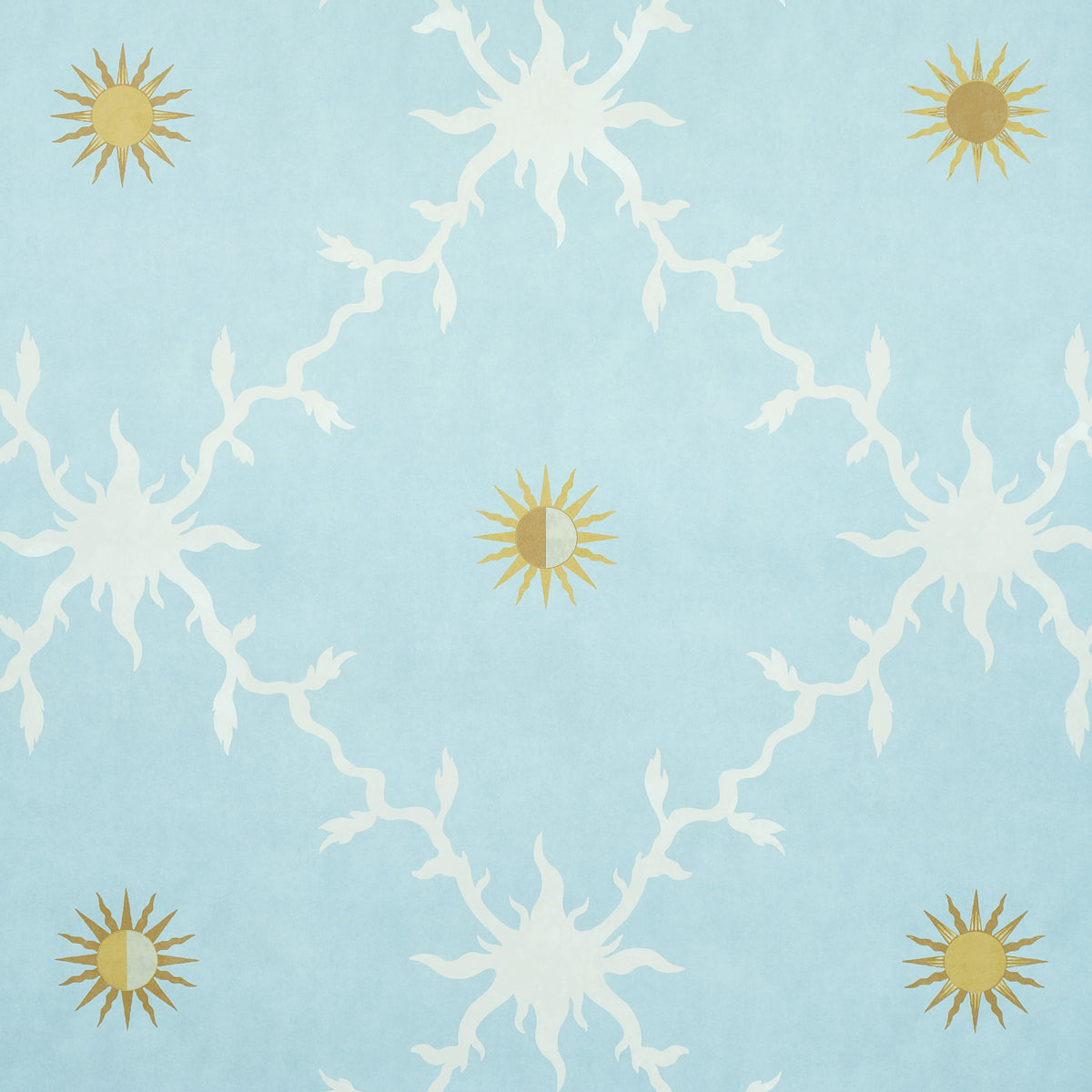 Soft sky-blue background with a white trellis lattice pattern & small golden accents, repeating design.