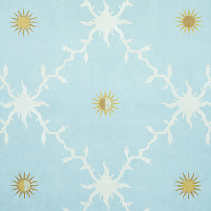 Soft sky-blue background with a white trellis lattice pattern & small golden accents, repeating design.