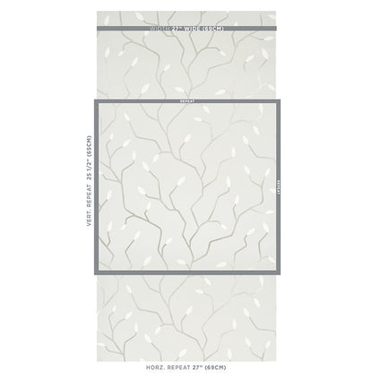 Soft gray wallpaper with dark gray tree-branch pattern and small white leaves; framed sample tile showing a botanical repeat.