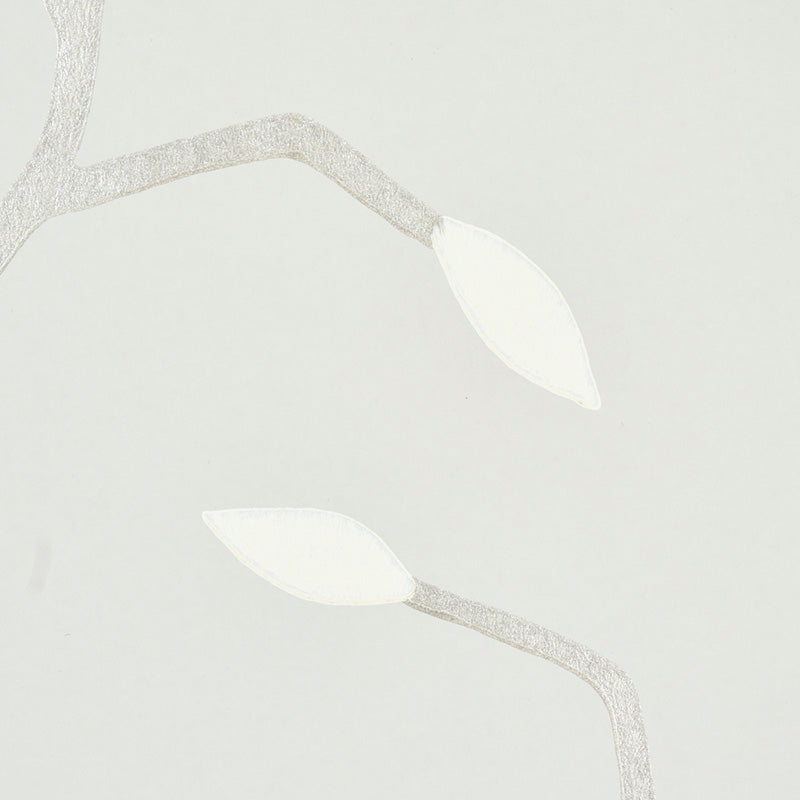 Minimalist botanical motif: gray twig with white leaves on pale cream background; suitable for wallpaper or fabric.