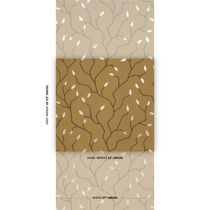 Three-panel wallpaper swatch with branchy pattern and white leaves in beige and tan tones.