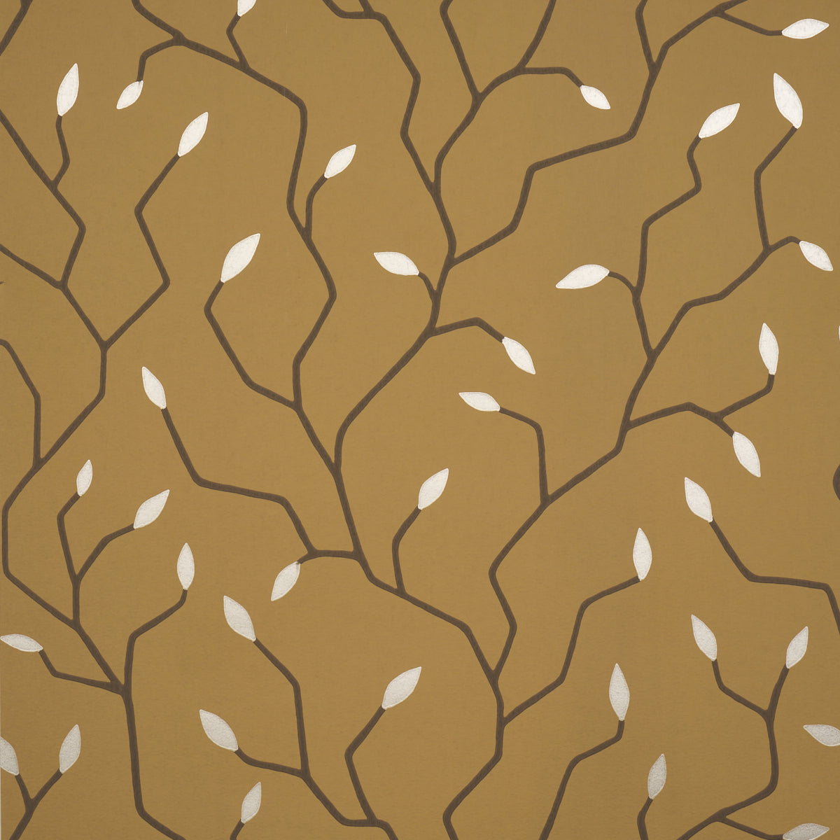 Tan wallpaper featuring winding dark brown branches and small white leaves.