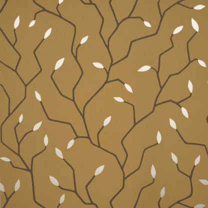 Tan wallpaper featuring winding dark brown branches and small white leaves.