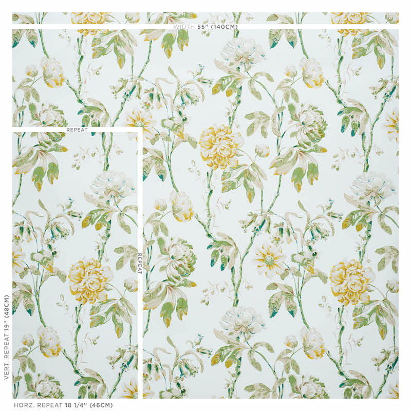 Cream botanical wallpaper with yellow roses and green vines; vintage floral repeating pattern.