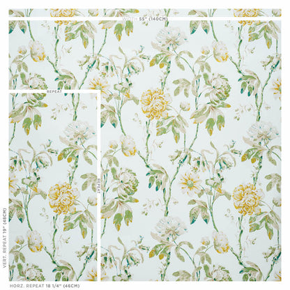 Cream botanical wallpaper with yellow roses and green vines; vintage floral repeating pattern.