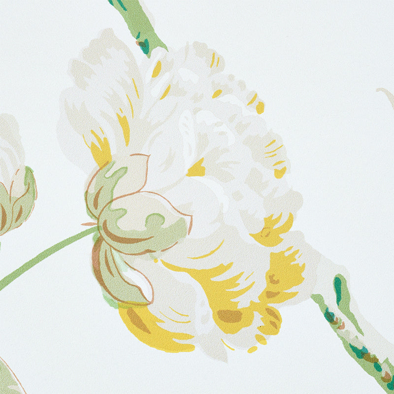 Watercolor floral pattern of white petals with yellow accents and green stems on a pale background.